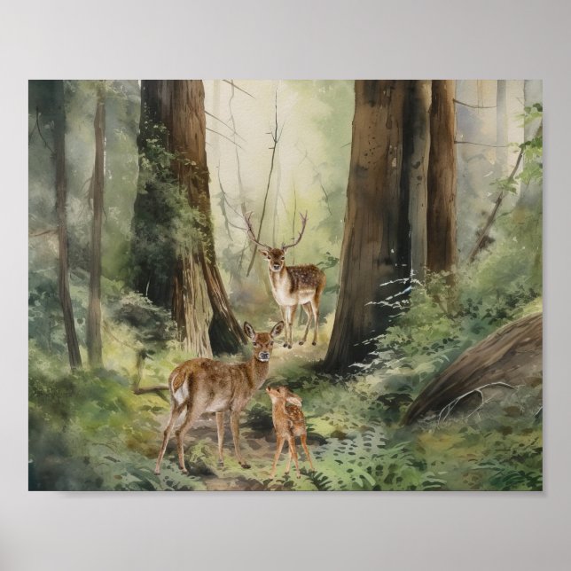 Poster Aquarelle de la forêt de Deer Redwood (Devant)