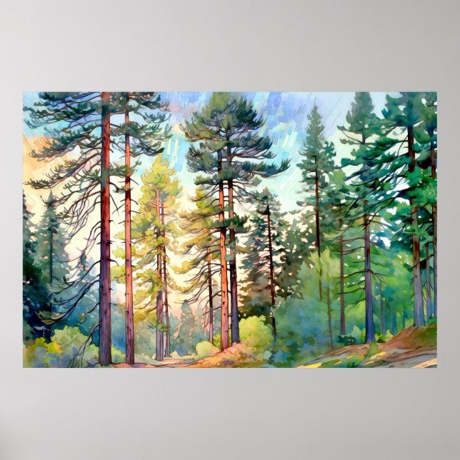 Poster Aquarelle de la forêt de pins serene Imprimer (Devant)