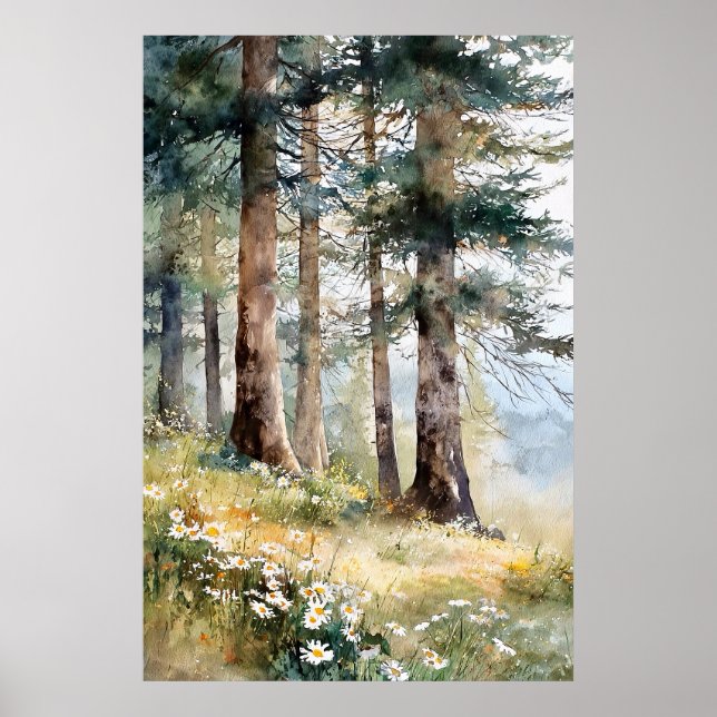Poster Aquarelle de la forêt de pins serene Imprimer (Devant)