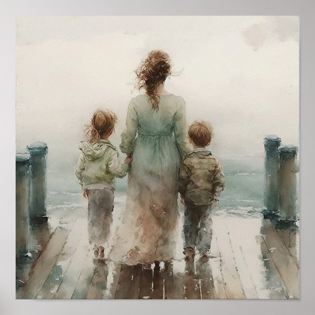 Poster Aquarelle de la mère et 2 enfants (Devant)