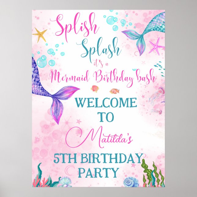 Poster Aquarelle de la queue de sirène Anniversaire sous  (Devant)