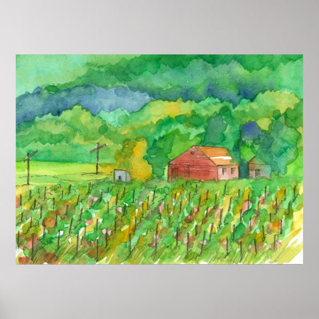 Poster Aquarelle de la région viticole de Red Barn Mounta (Devant)