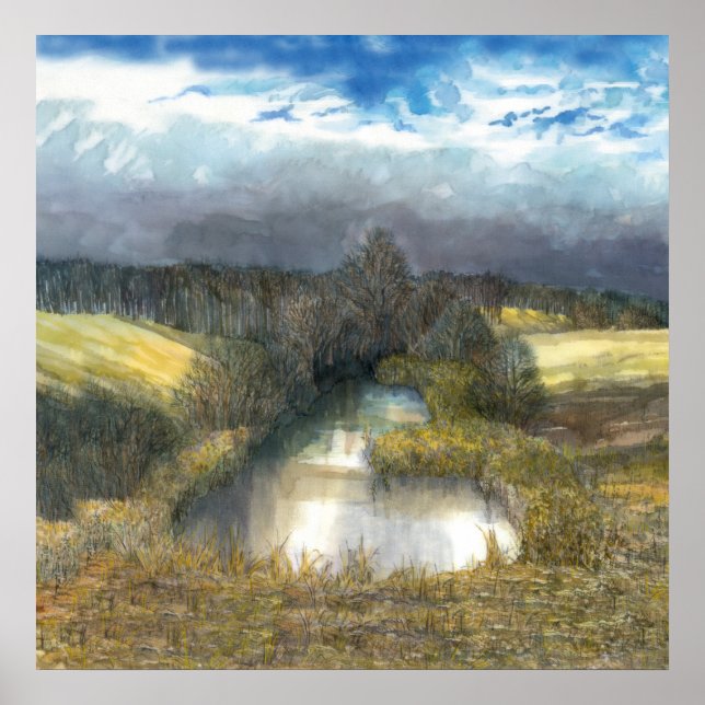 Poster aquarelle de l'étang d'automne (Devant)