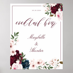 Poster Aquarelle de l'heure du cocktail Burgundy Navy Flo