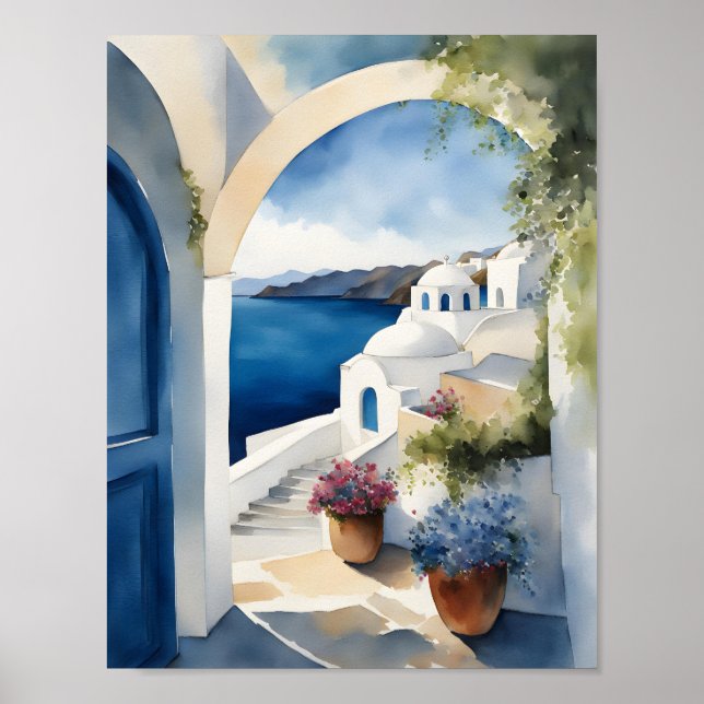Poster Aquarelle de l'île de Santorin Grèce (Devant)