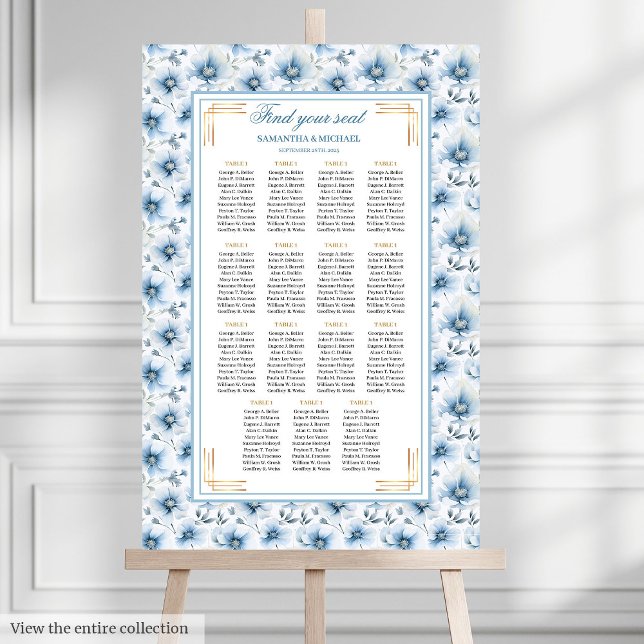 Poster Aquarelle de luxe Pastel Bleu Or Plat (Luxury Watercolor Pastel Blue Gold Seating Chart)