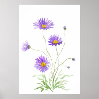Poster aquarelle de marguerite violette peinte à la main