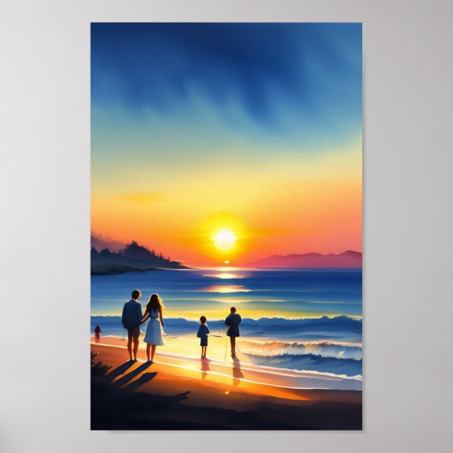 Poster Aquarelle de plage familiale Sunset (Devant)
