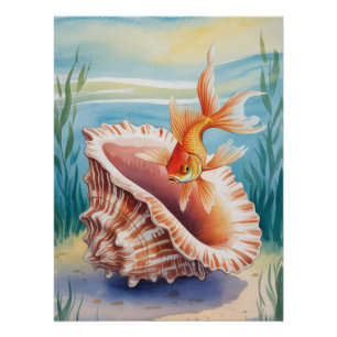 Poster Aquarelle de poisson rouge dans la coquille de cor