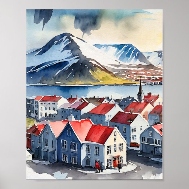 Poster Aquarelle de Reykjavik Islande (Devant)