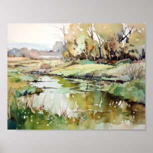 Poster Aquarelle de rivière rurale