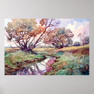 Poster Aquarelle de rivière rurale