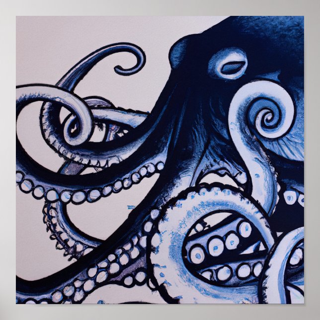 Poster Aquarelle de style japonais moderne bleu octopus (Devant)