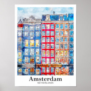 Poster Aquarelle de voyage Amsterdam Pays-Bas tirée à la