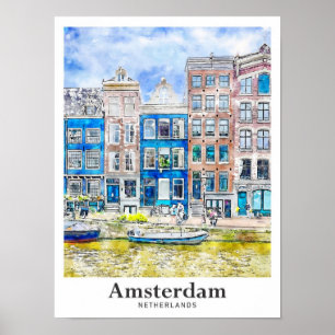 Poster Aquarelle de voyage Amsterdam Pays-Bas tirée à la 