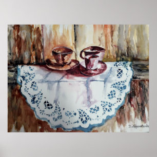 Poster Aquarelle des tasses à thé, linge de dentelle. mur