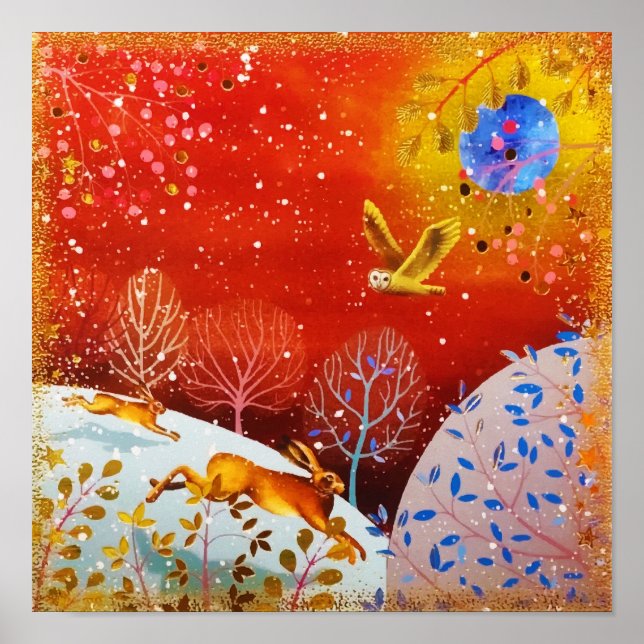 Poster Aquarelle d'hiver Gold Woodland Rabbit Owl (Devant)