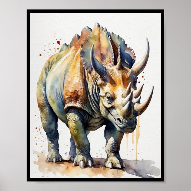 Poster Aquarelle Dinosaure Tricératops Ceratopus (Devant)