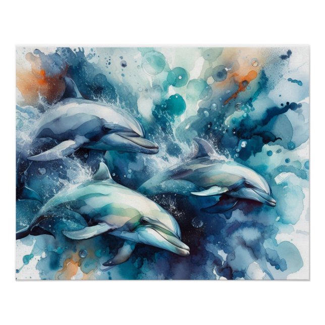 Poster Aquarelle Dolphin Burst et numérique (Devant)