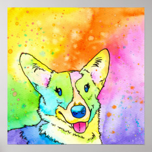 Poster Aquarelle douce arc-en-ciel Corgi