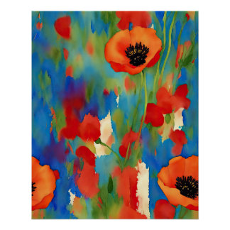 Poster Aquarelle du champ de fleurs de pavot Abstraite