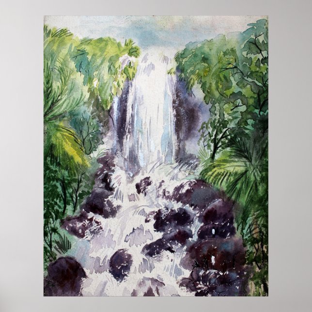Poster aquarelle du paysage de cascade sur papier (Devant)