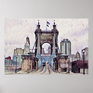Poster Aquarelle du pont suspendu Cincinnati Roebling