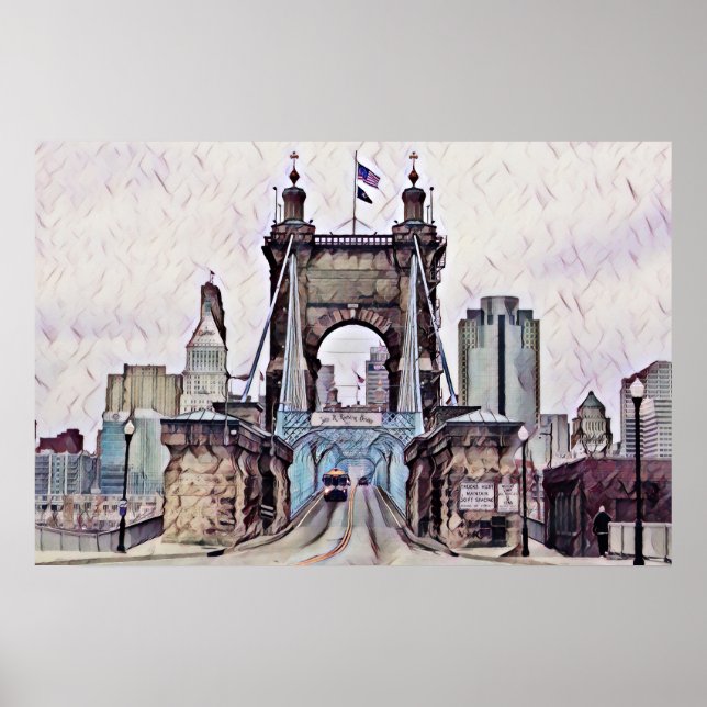 Poster Aquarelle du pont suspendu Cincinnati Roebling (Devant)