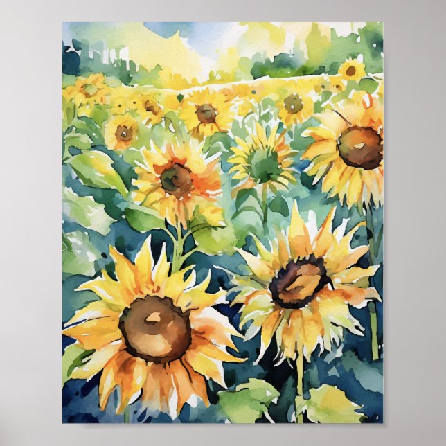 Poster Aquarelle du terrain de tournesol (Devant)