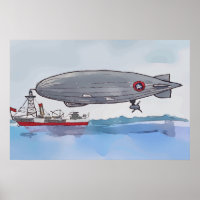 Aquarelle d'un dirigeable amarré à un bateau