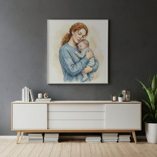 Poster Aquarelle d'une mère tenant un bébé endormi