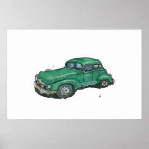 Poster Aquarelle d'une vieille berline verte antique roui
