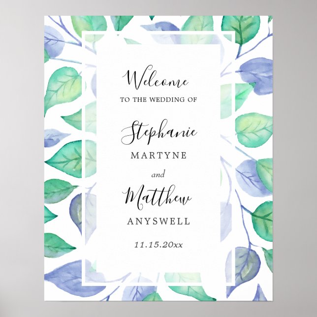 Poster Aquarelle Dusty Bleu Vert Feuille Mariage de feuil (Devant)