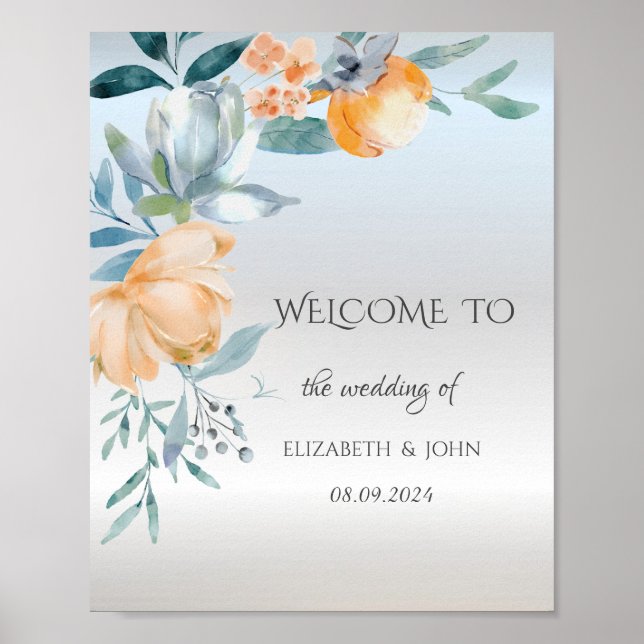 Poster Aquarelle Dusty Blue Flowers Mariage argent (Devant)