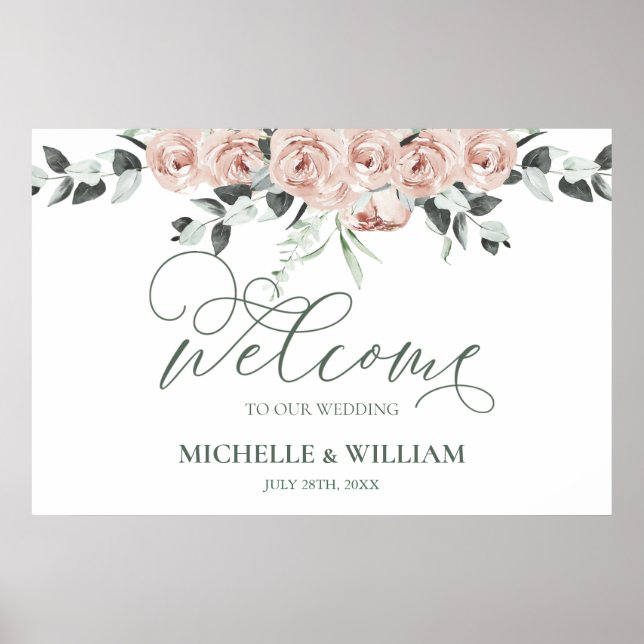 Poster Aquarelle Dusty Rose Eucalyptus Mariage Bienvenue (Devant)