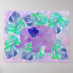 Poster Aquarelle Elephant Jungle Tropical Monstera Feuill
