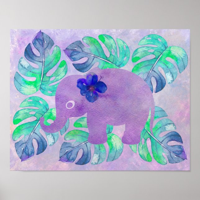 Poster Aquarelle Elephant Jungle Tropical Monstera Feuill (Devant)