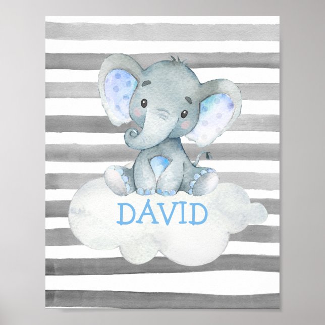 Poster Aquarelle Eléphant ZOO Jungle Cute Nom du bébé (Devant)