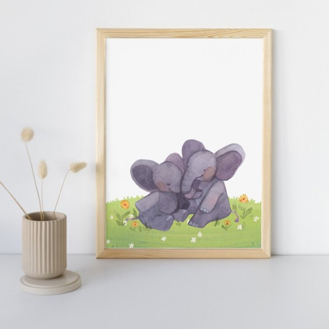 Poster Aquarelle Eléphants Fleurs Et Pépinière D'Herbe (Créateur téléchargé)