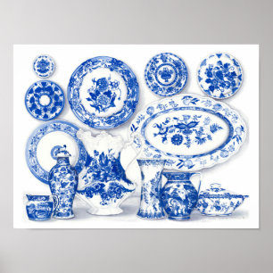 Poster Aquarelle en porcelaine bleue