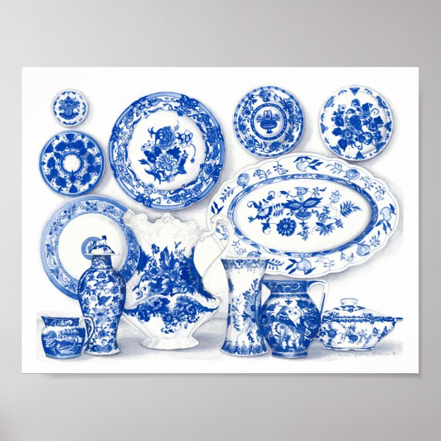 Poster Aquarelle en porcelaine bleue (Devant)