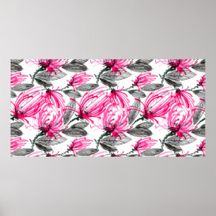 Poster Aquarelle et encre illustration de fleur rouge ave