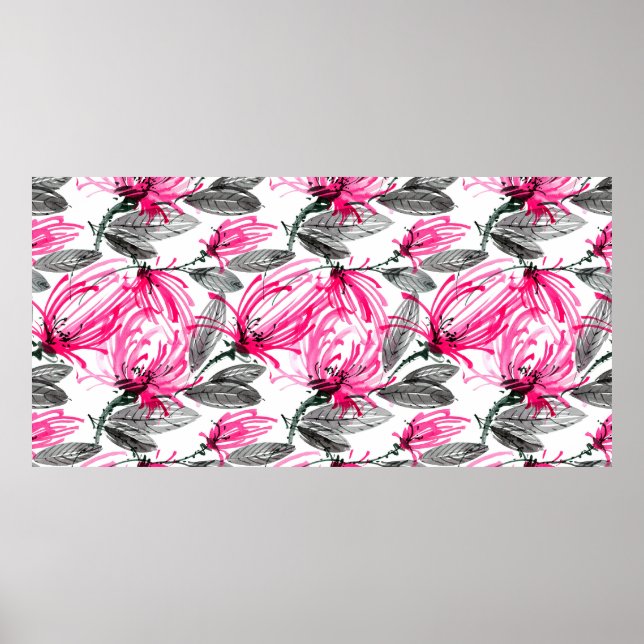 Poster Aquarelle et encre illustration de fleur rouge ave (Devant)