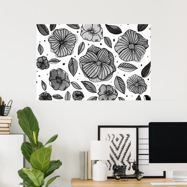 Poster Aquarelle et fleurs d'encre - noir et blanc (Bureau à domicile)