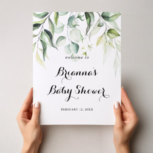 Poster Aquarelle Eucalyptus Baby shower vert Bienvenue