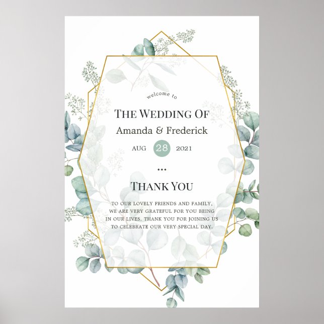 Poster Aquarelle Eucalyptus Mariage géométrique Bienvenue (Devant)