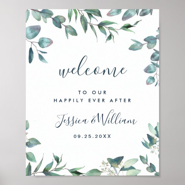 Poster Aquarelle Eucalyptus Mariage vert Bienvenue (Devant)