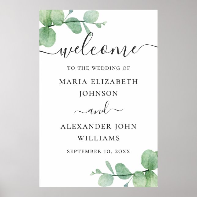 Poster Aquarelle eucalyptus script mariage bienvenue (Devant)