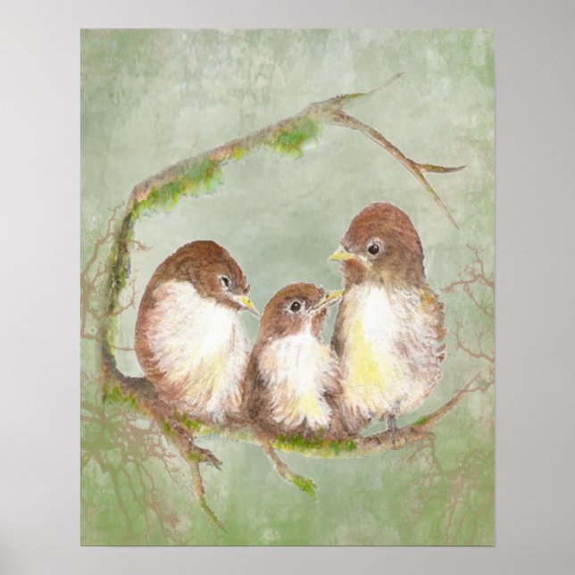 Poster Aquarelle Famille d'oiseaux moineaux (Devant)