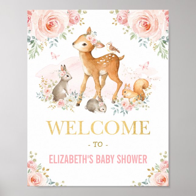 Poster Aquarelle féminine Woodland rose Floral Baby Girl (Devant)